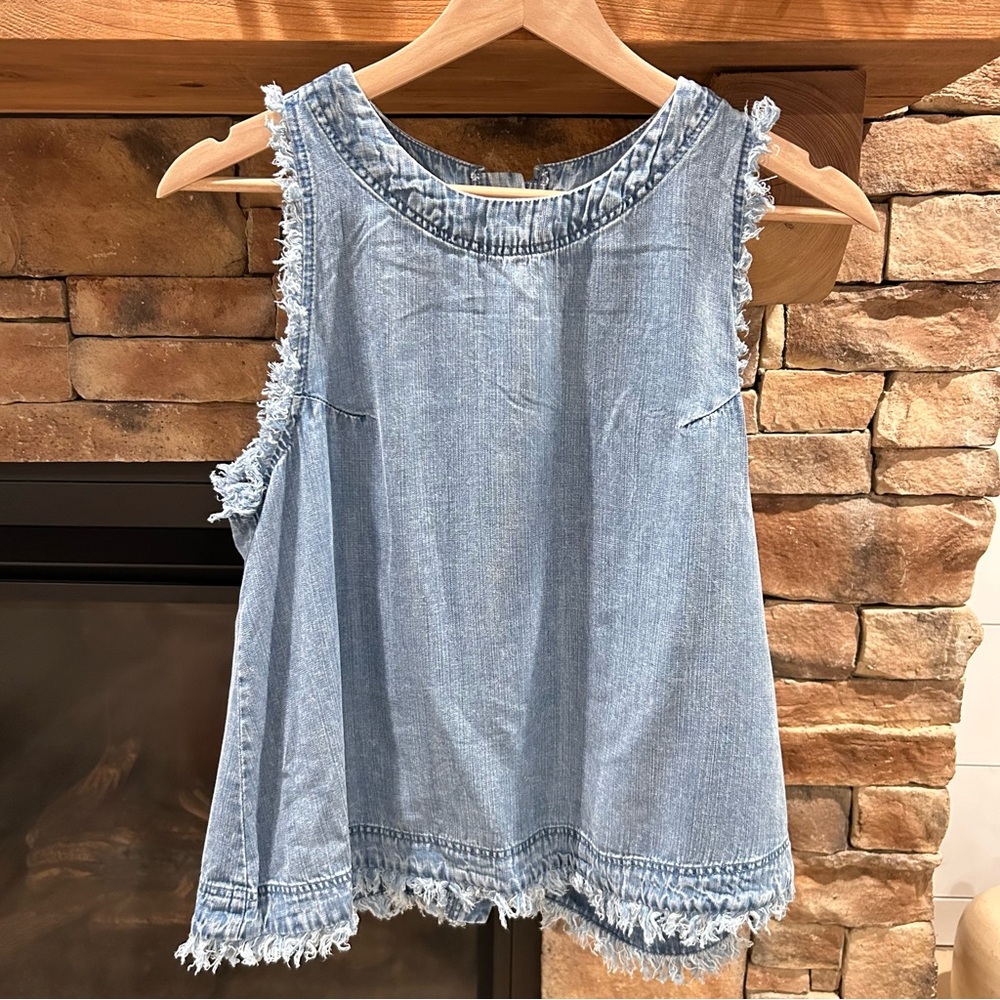 For The Republic Light Blue Fringe Denim Tank Top